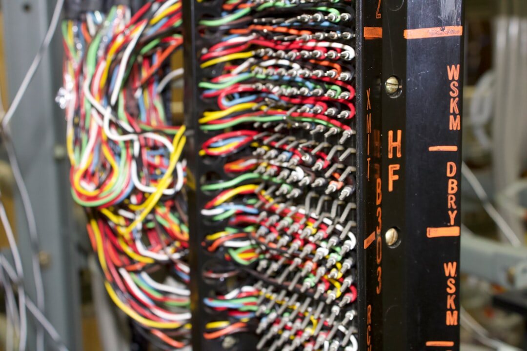 Server rack with video routing equipment and signal cables