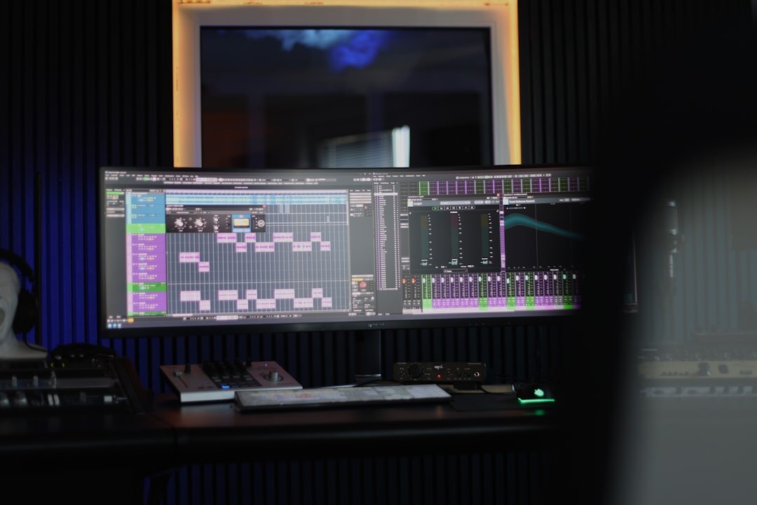 Professional live production control room with multiple screens