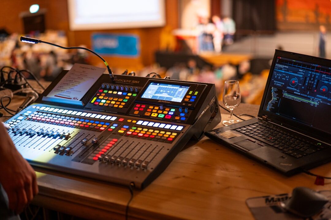 Professional broadcast studio with multiple monitors and video switcher